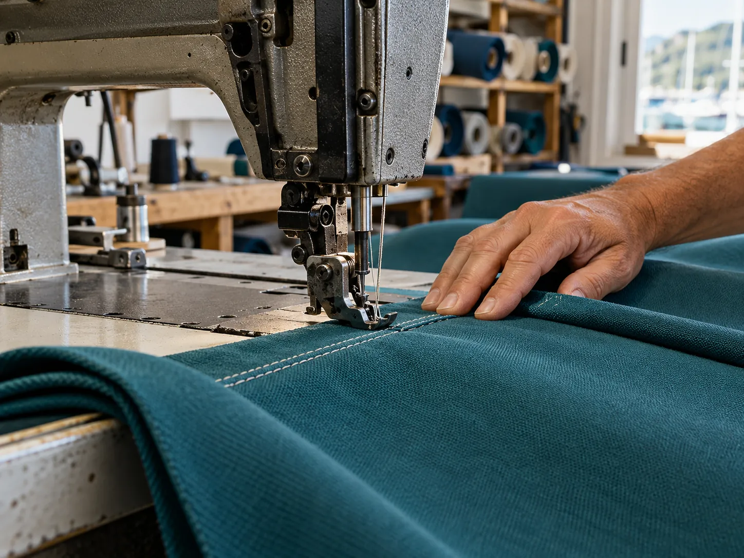 Skilled hands stitching outdoor canvas in a Maui fabrication workshop