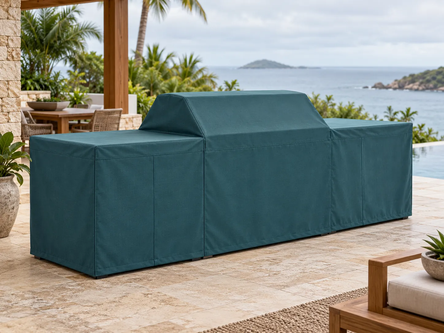 Tailored teal cover protecting an outdoor kitchen