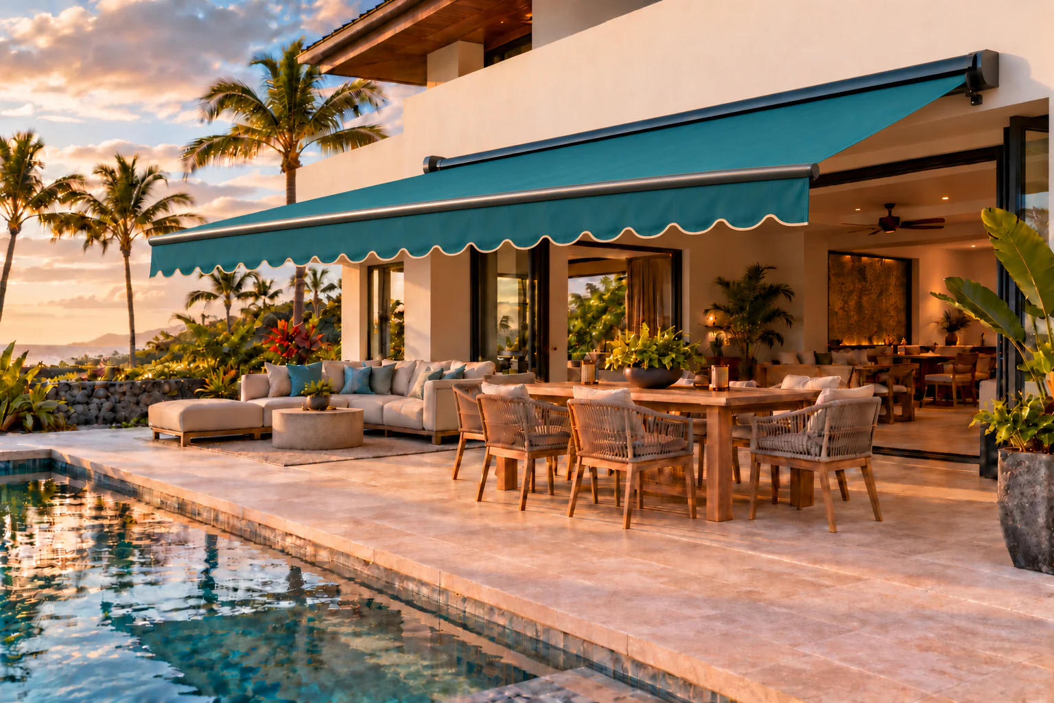 Retractable awning over an island home outdoor living space
