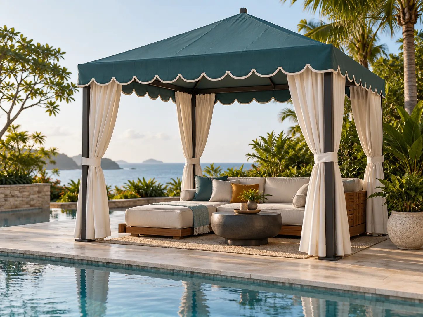 Custom poolside resort cabana with teal fabric roof